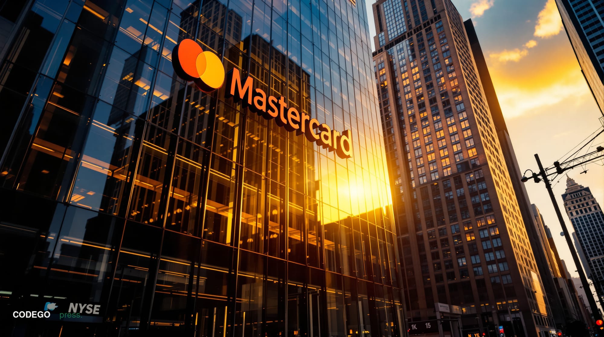 A cinematic editorial photograph of Mastercard's headquarters building in Purchase, New York, shot during golden hour with dr
