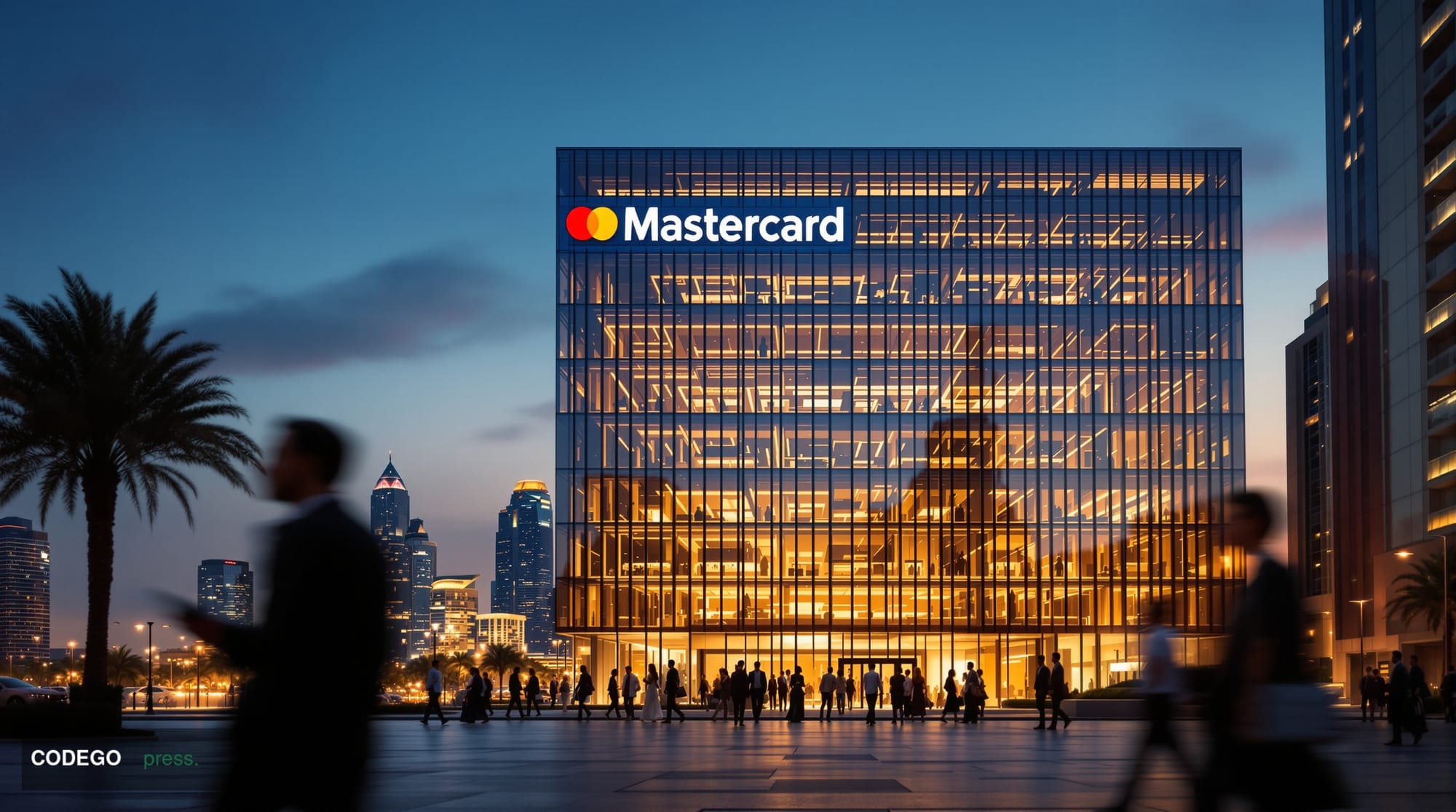 A cinematic editorial photograph showing Mastercard's regional headquarters or office building in Dubai or a major MENA finan