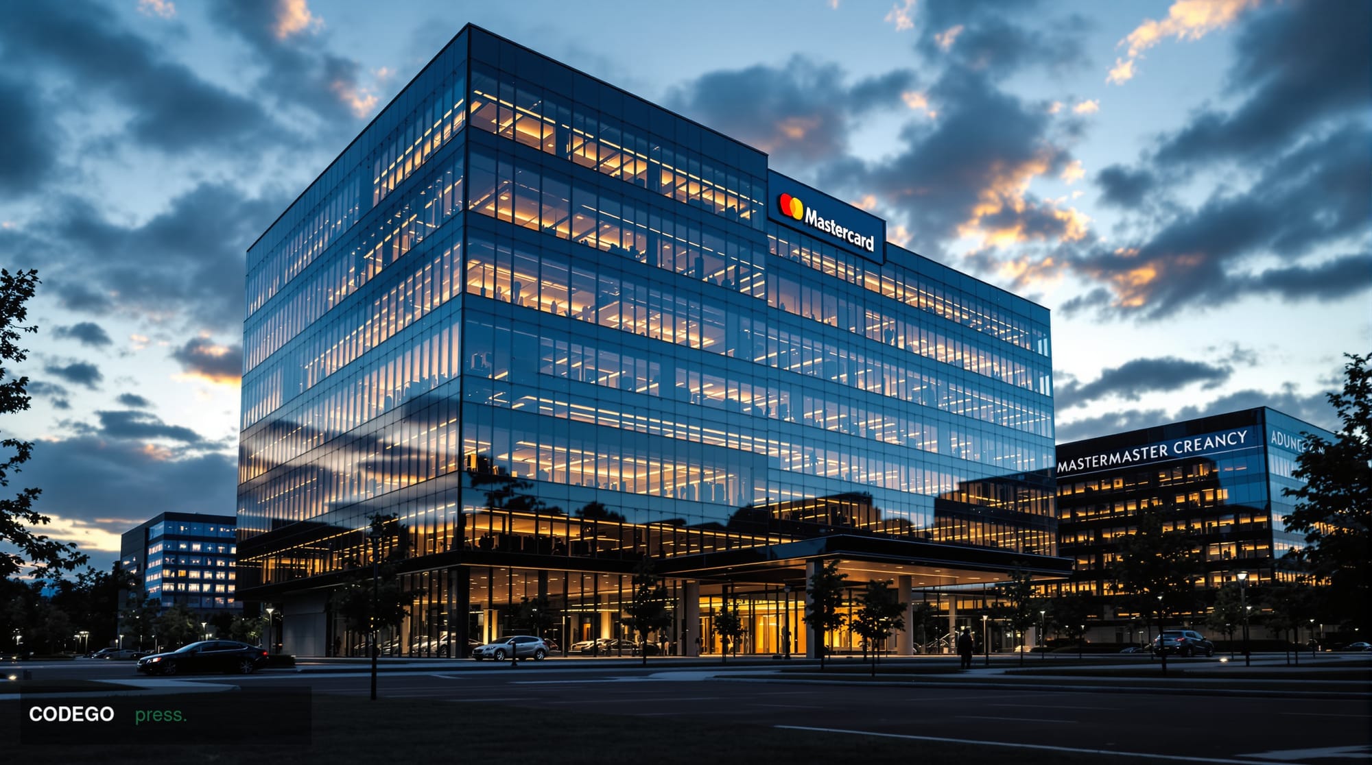 A photorealistic 8K editorial photograph showing Mastercard's headquarters in Purchase, New York, with the distinctive modern