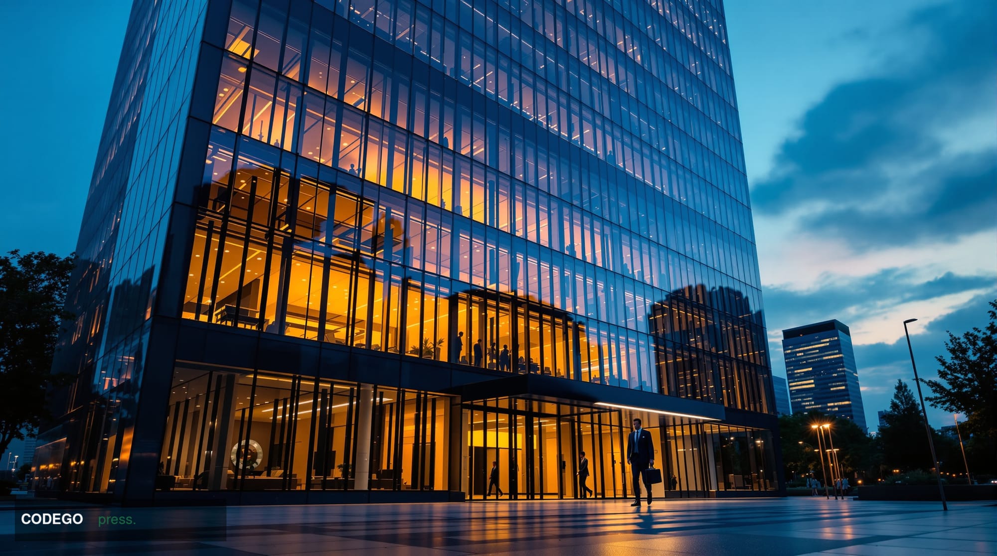 A photorealistic editorial photograph showing a modern banking headquarters building at dusk with dramatic chiaroscuro lighti