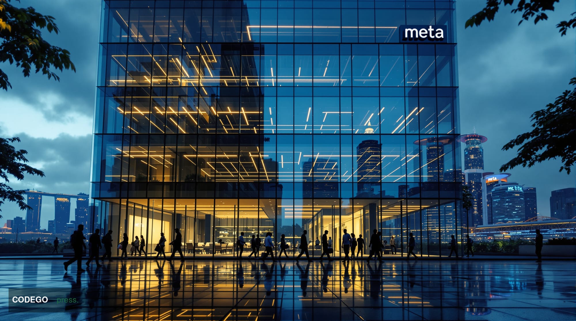 A cinematic editorial photograph capturing Meta's Singapore office building exterior at dusk, with the iconic Marina Bay Sand