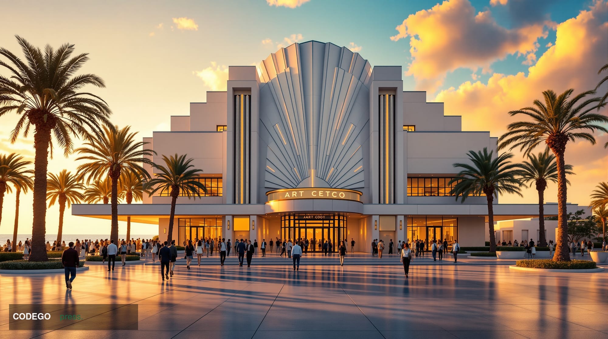 A cinematic editorial photograph of the Miami Beach Convention Center exterior during a major tech conference, with recogniza