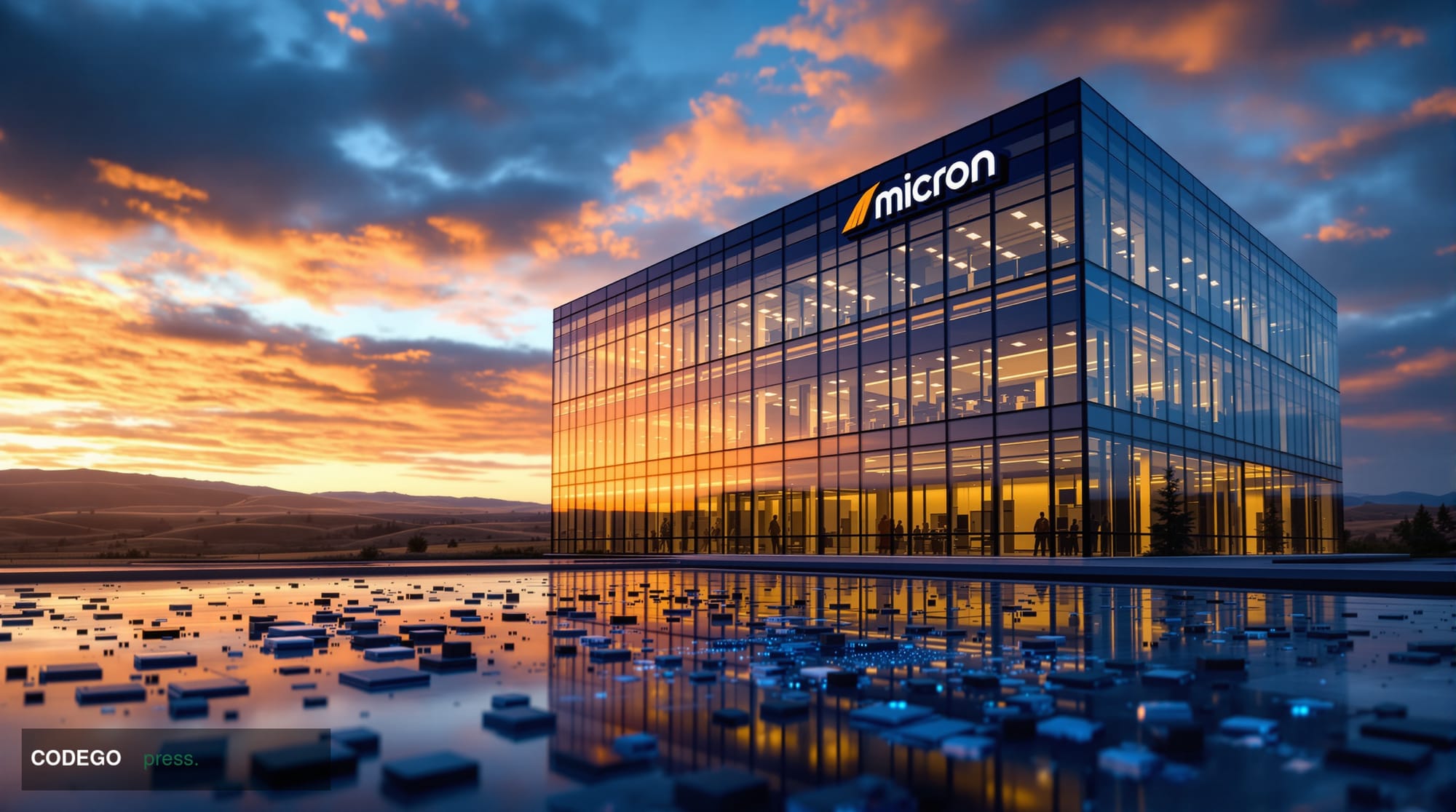 A photorealistic 8K editorial photograph of Micron Technology's modern corporate headquarters in Boise, Idaho, captured durin