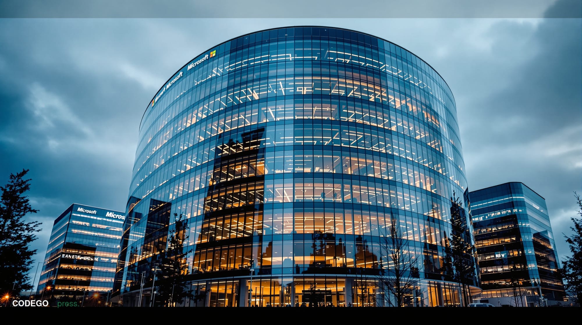 A cinematic editorial photograph capturing the Microsoft headquarters campus in Redmond, Washington, with the iconic curved g