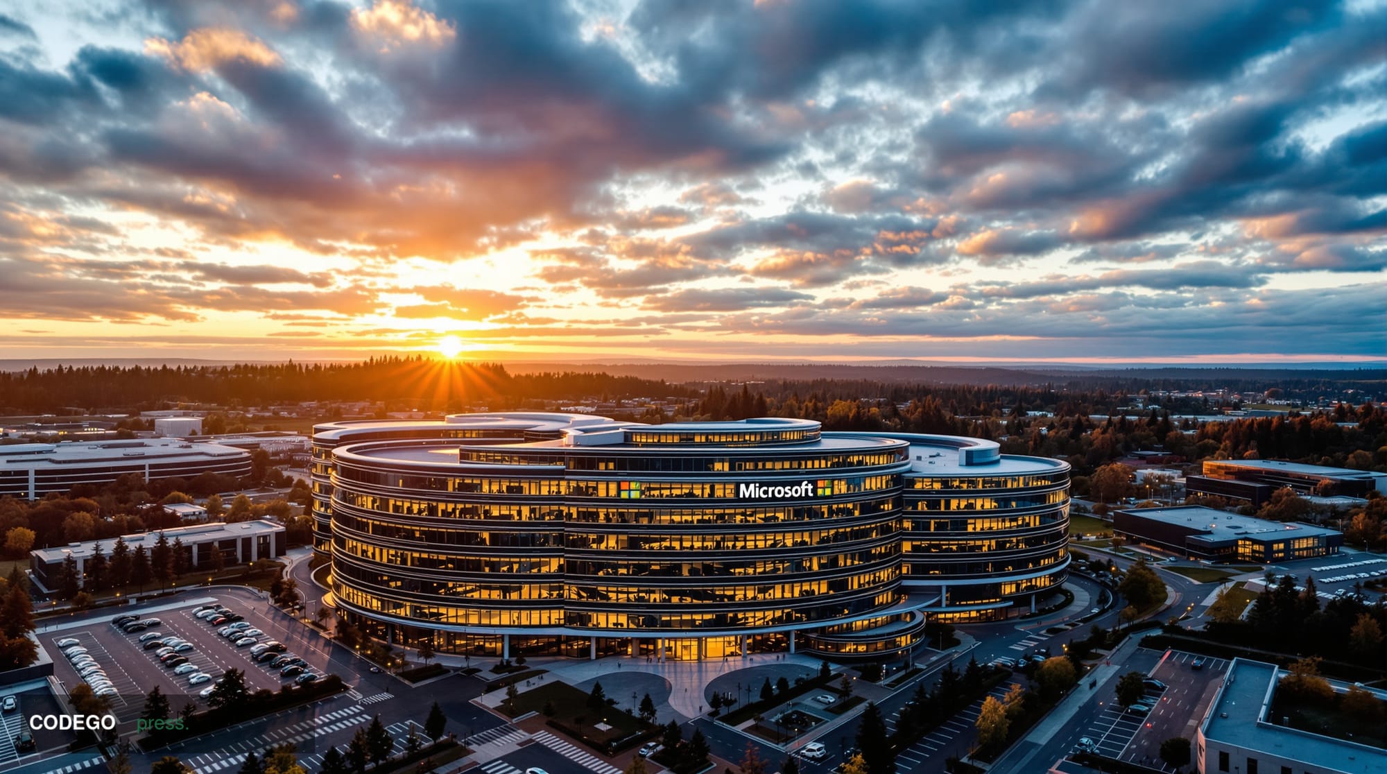 A cinematic aerial view of Microsoft's Redmond campus headquarters at golden hour, with the iconic curved glass buildings ref