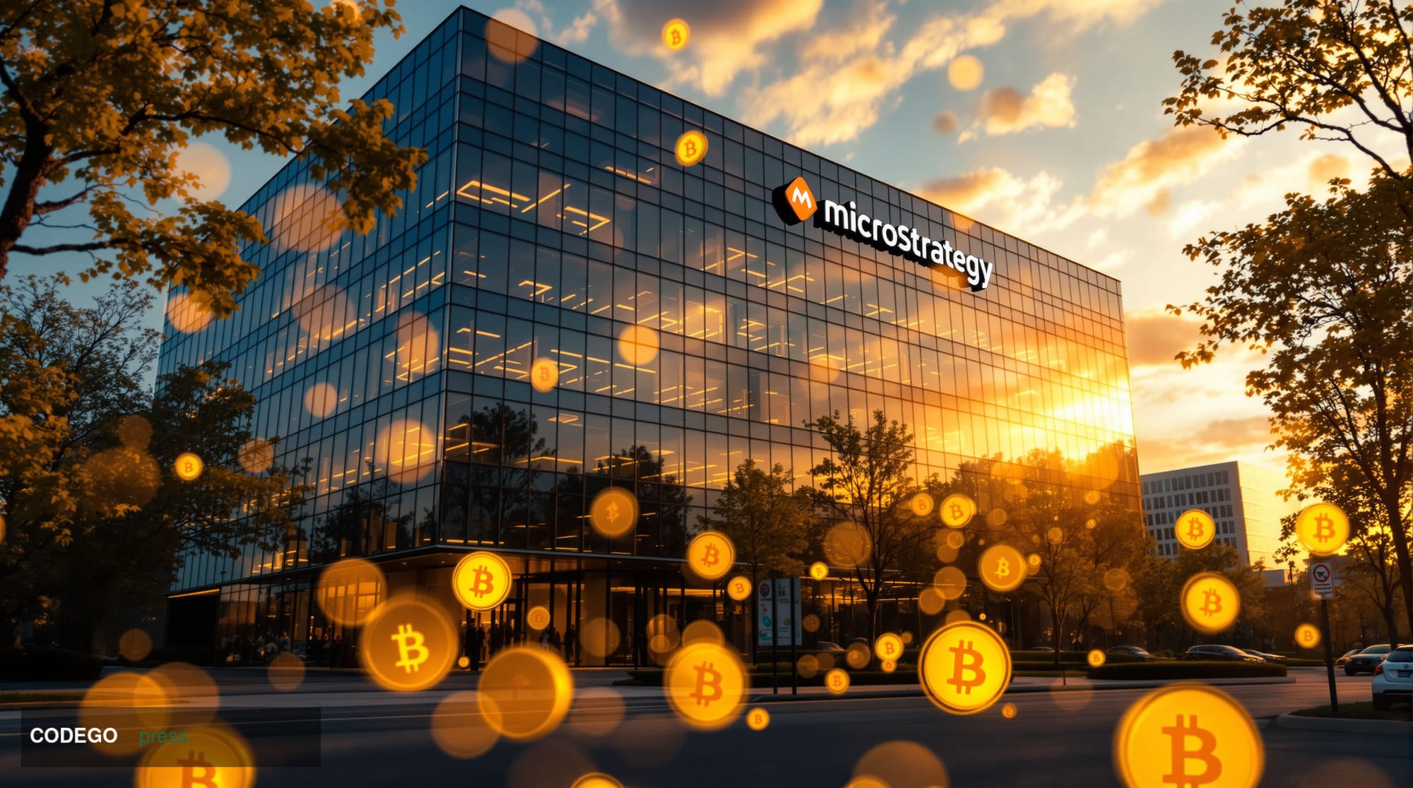 A cinematic editorial photograph of MicroStrategy's corporate headquarters in Tysons Corner, Virginia, captured during golden