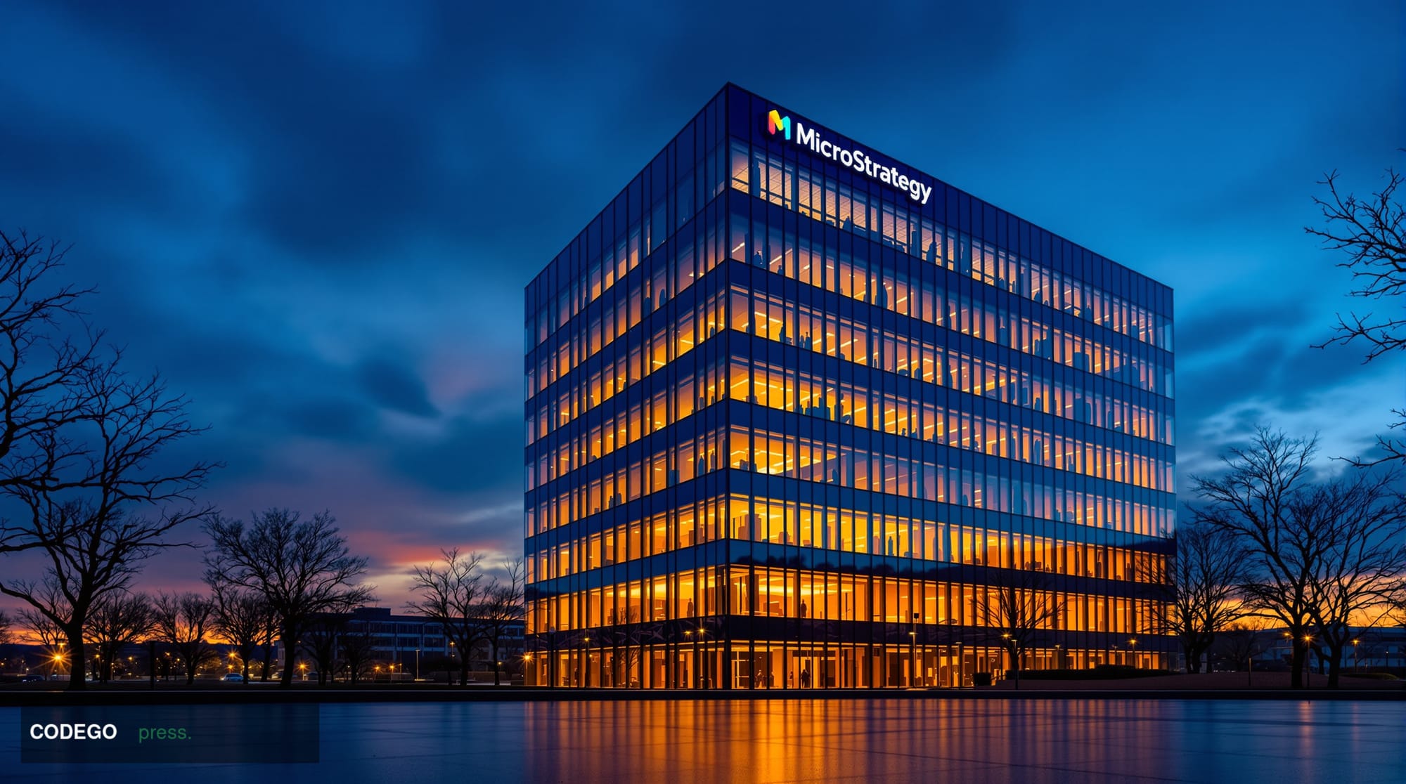 A cinematic editorial photograph of MicroStrategy's modern corporate headquarters in Tysons Corner, Virginia, shot during gol