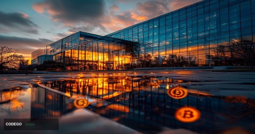A cinematic editorial photograph showcasing MicroStrategy's corporate headquarters in Tysons Corner, Virginia, captured durin