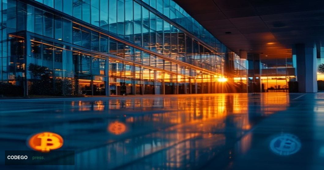 A cinematic editorial photograph capturing MicroStrategy's corporate headquarters in Tysons Corner, Virginia, shot from a low