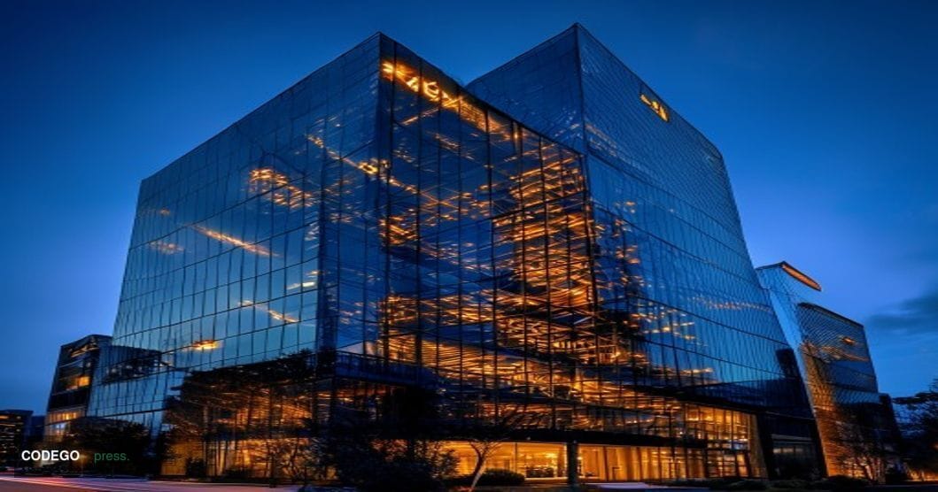A cinematic editorial photograph of MicroStrategy's corporate headquarters in Tysons Corner, Virginia, captured during golden