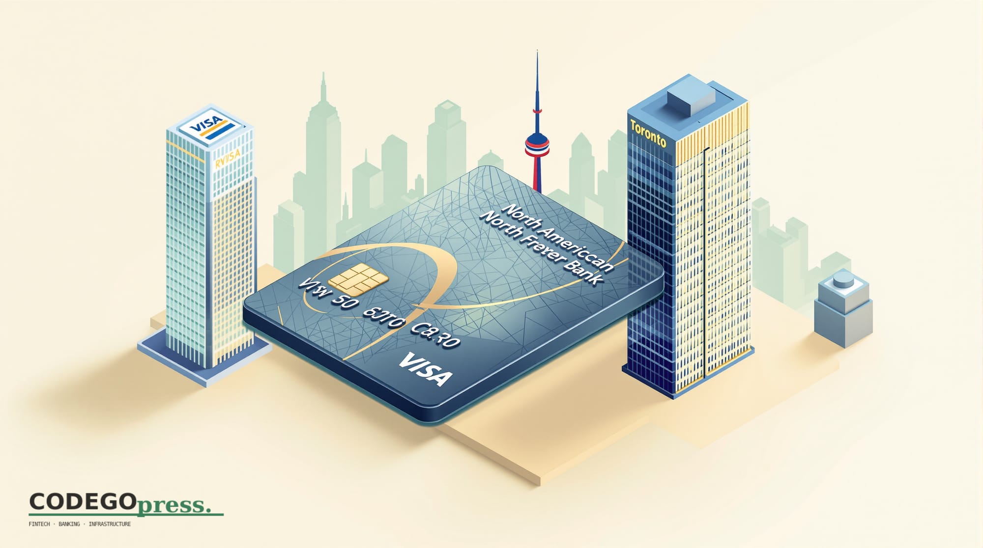 Large embossed corporate card in navy and gold centre, with Visa ring-logo-shaped architectural motif on the left, stylised N