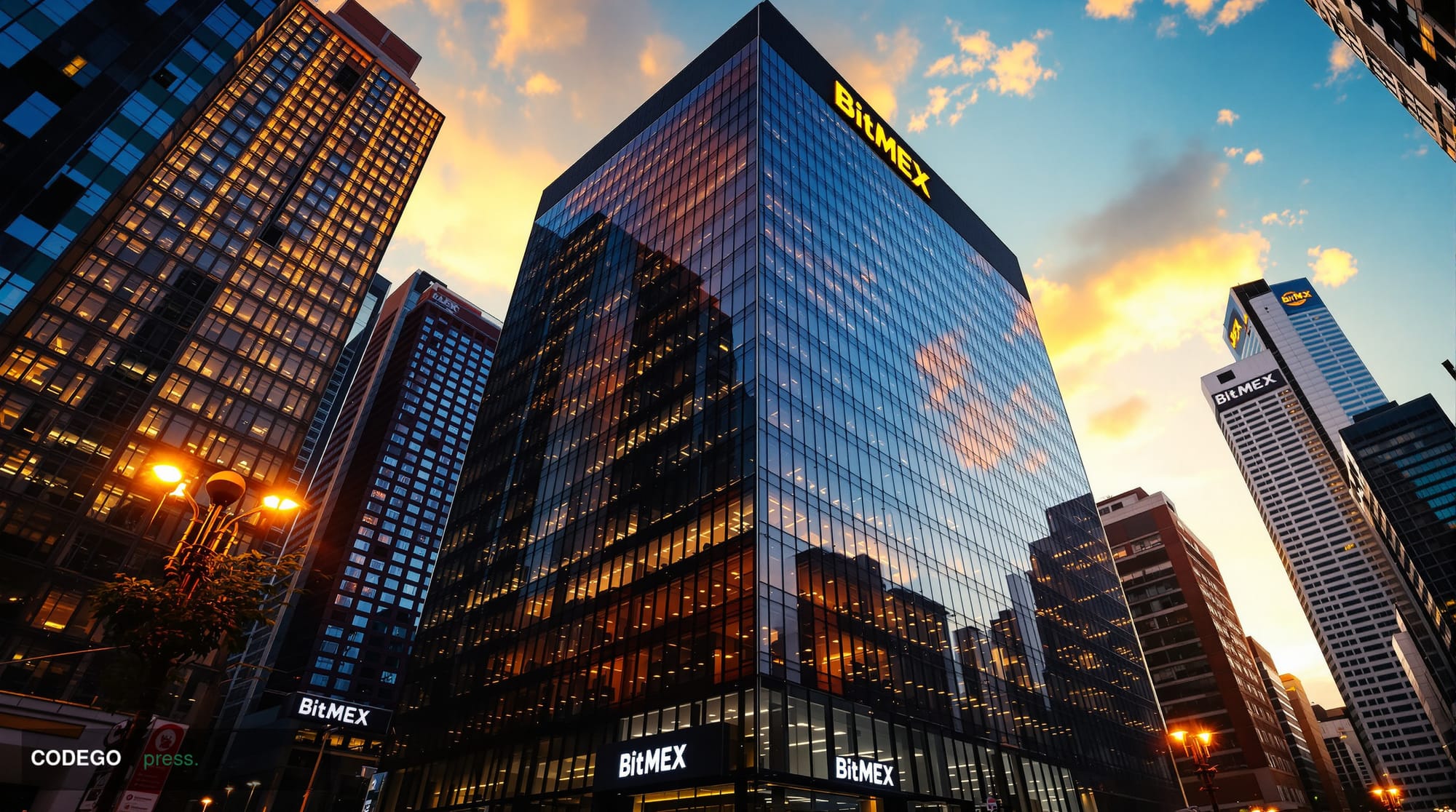 A cinematic editorial photograph showing the iconic BitMEX headquarters building in Hong Kong's financial district, with dram