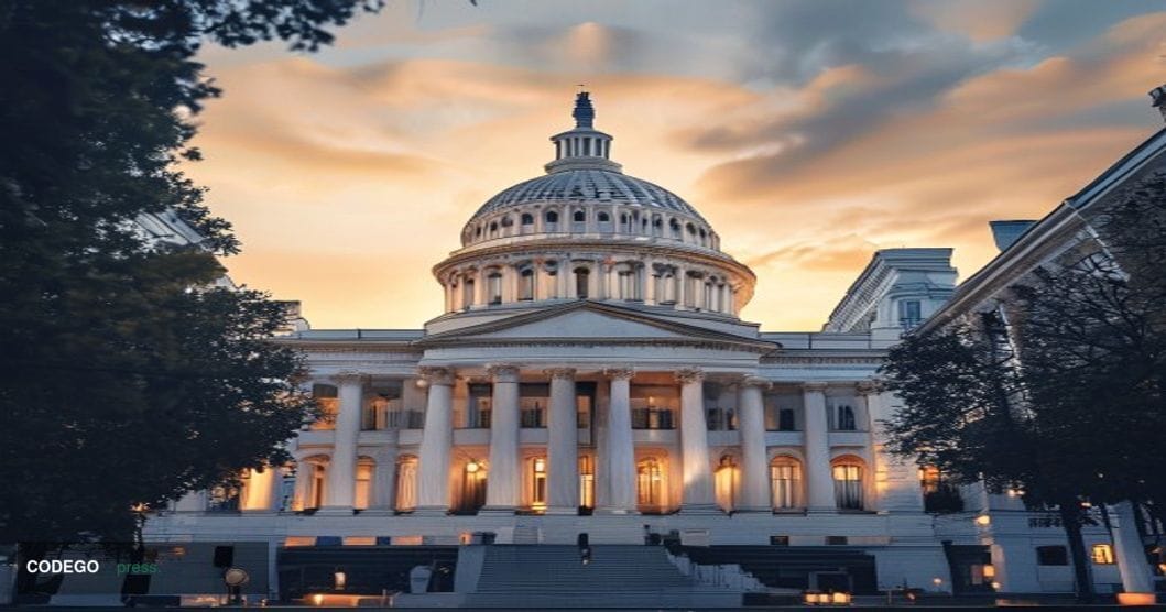 A photorealistic editorial photograph showing the Minnesota State Capitol building in Saint Paul with its distinctive white d