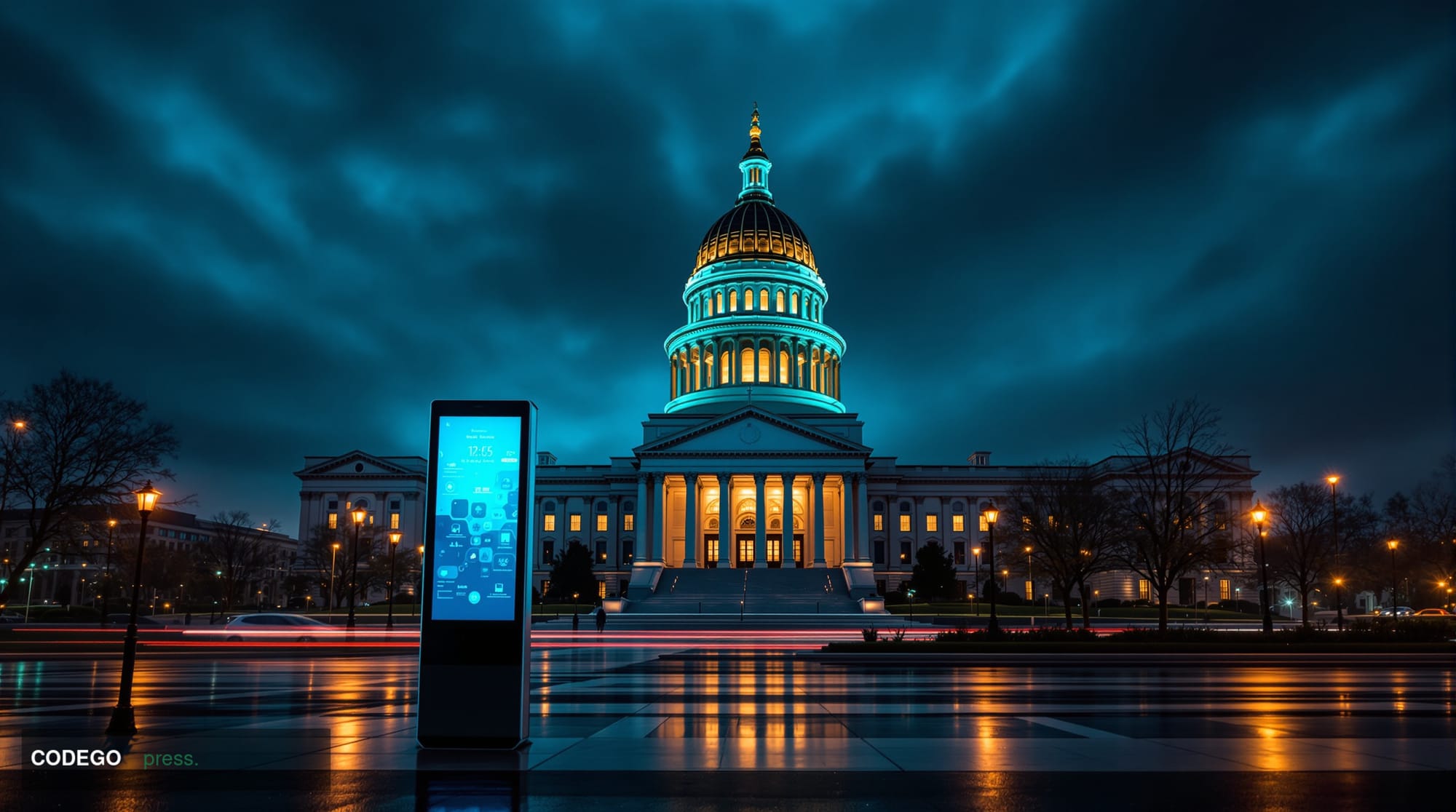 A cinematic editorial photograph capturing the Missouri State Capitol building dome in Jefferson City under dramatic storm cl