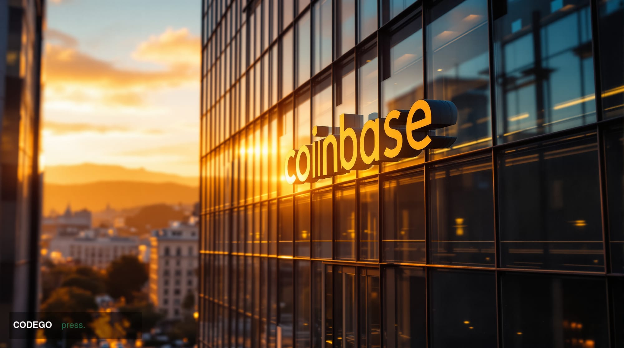 A photorealistic editorial photograph showing the exterior of Coinbase's modern headquarters building in San Francisco during