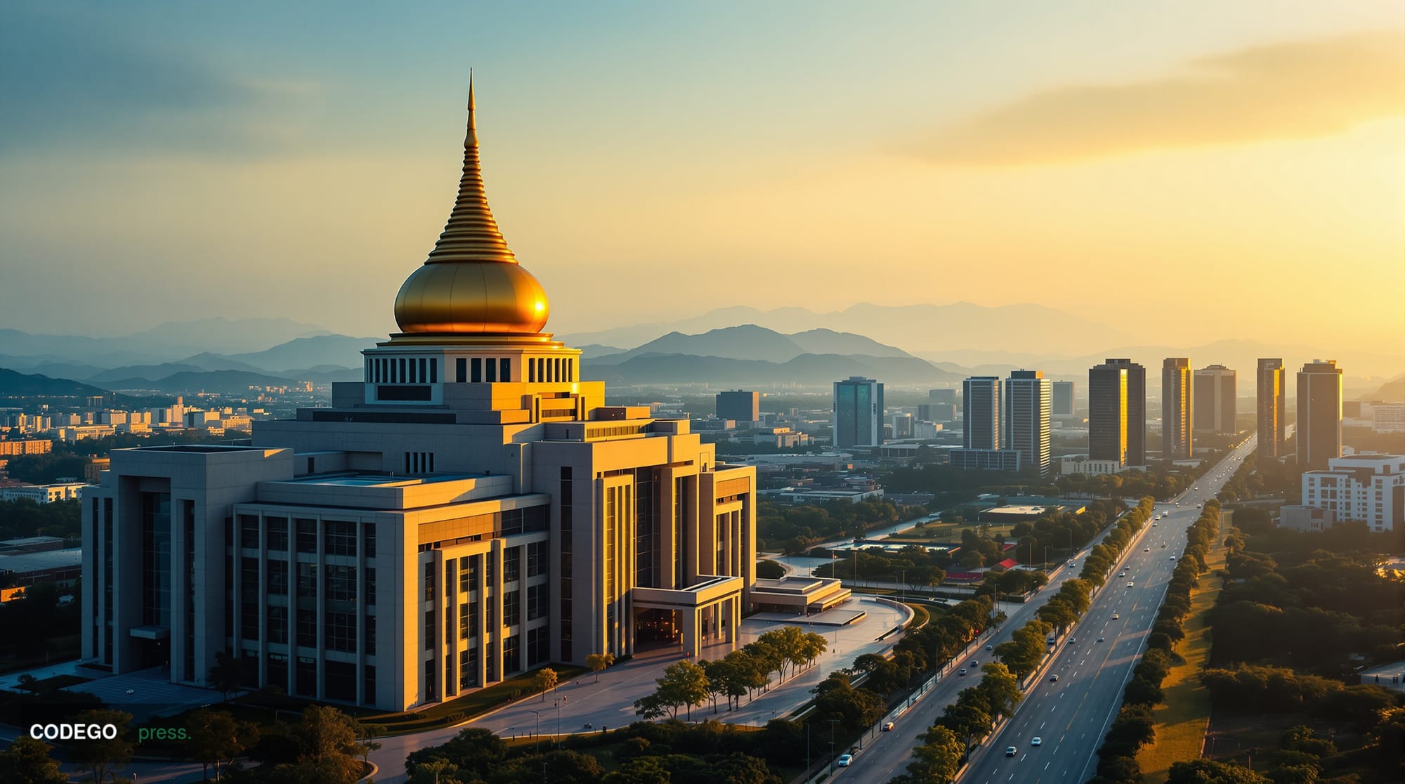 A cinematic editorial photograph of Myanmar's government buildings in Naypyidaw, the capital city, shot during golden hour wi