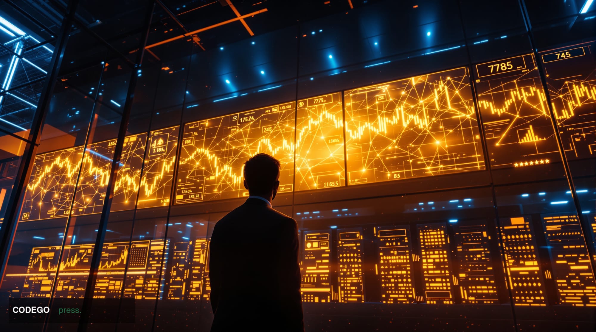 A dramatic cinematic photograph of a modern cryptocurrency trading floor or Bitcoin mining facility, shot with dramatic chiar