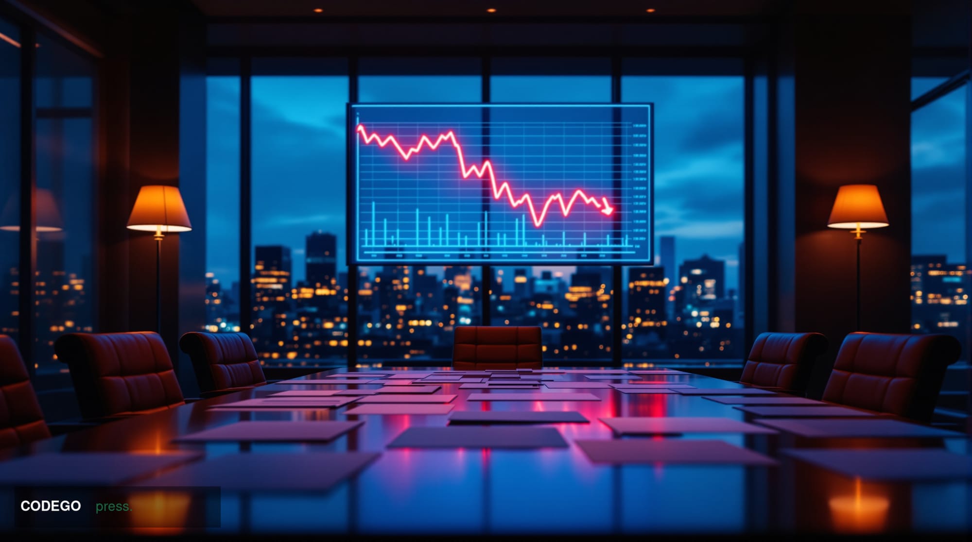 A dramatic cinematic photograph of a corporate boardroom with floor-to-ceiling windows overlooking a city skyline at dusk, sh