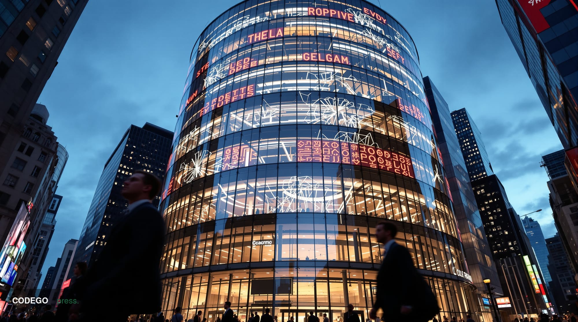 A dramatic photorealistic editorial photograph showing the exterior of Nasdaq MarketSite in Times Square at dusk, with its ic