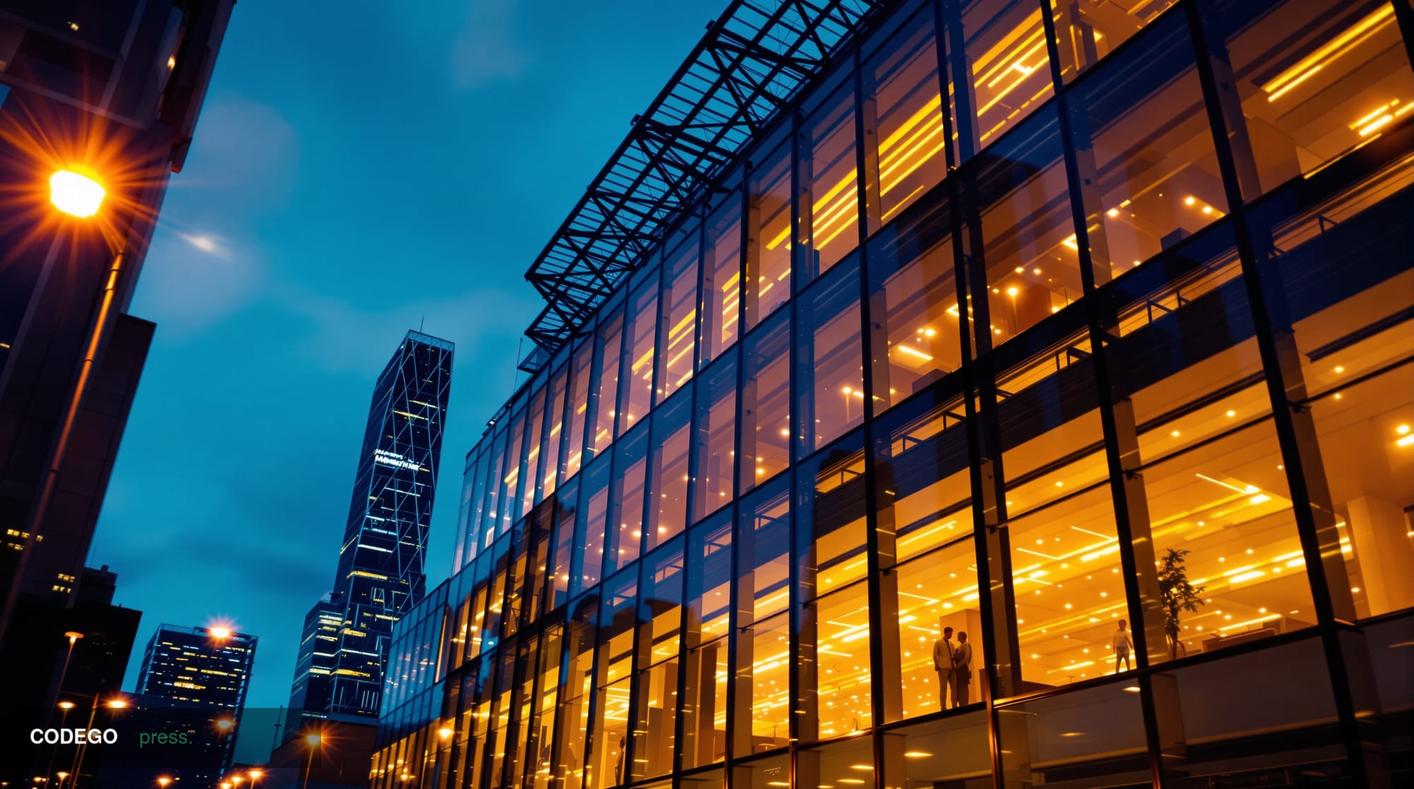 A dramatic cinematic editorial photograph showing a sleek modern corporate office building at dusk, representing a Bitcoin tr