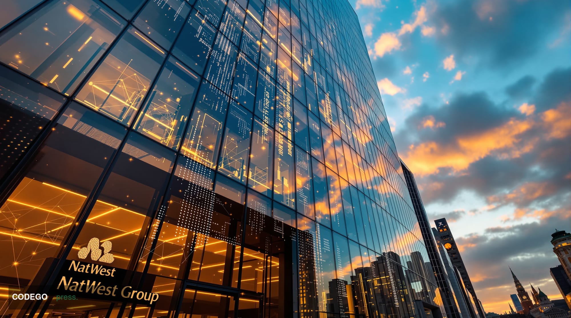 A cinematic editorial photograph capturing the modern glass and steel exterior of NatWest Group's headquarters in London's fi