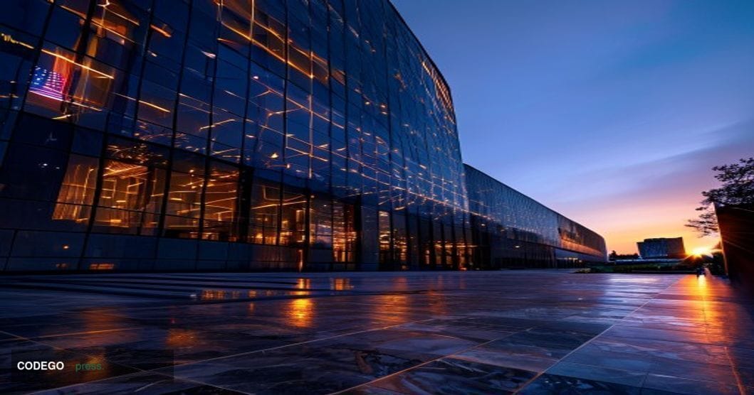 A photorealistic editorial photograph showcasing the National Credit Union Administration headquarters building in Alexandria
