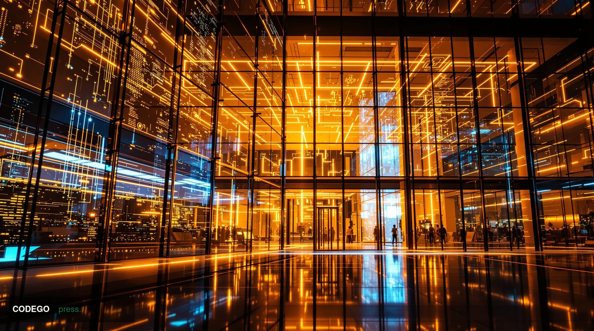 A cinematic editorial photograph of the NEAR Protocol headquarters or a modern blockchain technology campus bathed in dramati