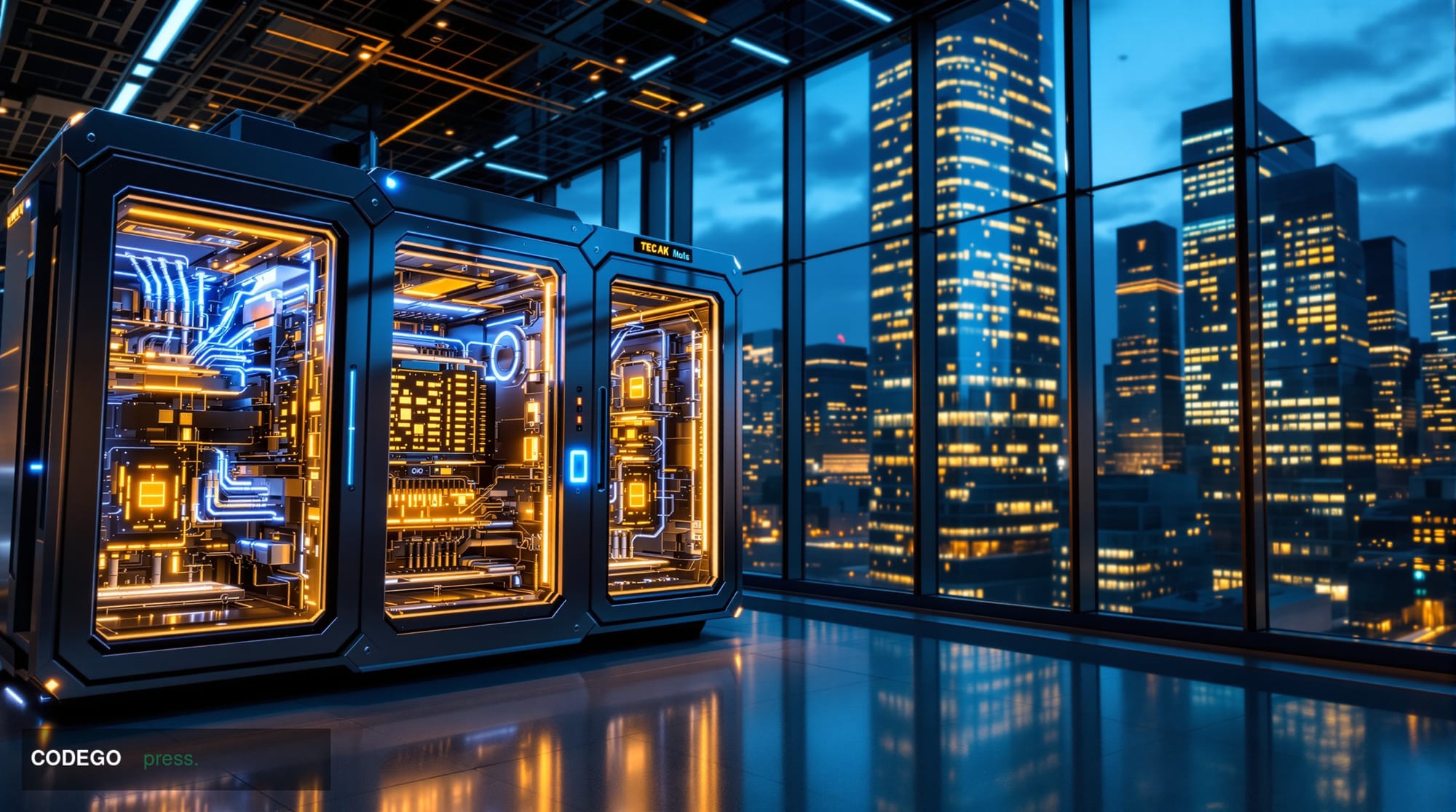A photorealistic editorial photograph showing a futuristic quantum computer facility with sleek metallic quantum processing u