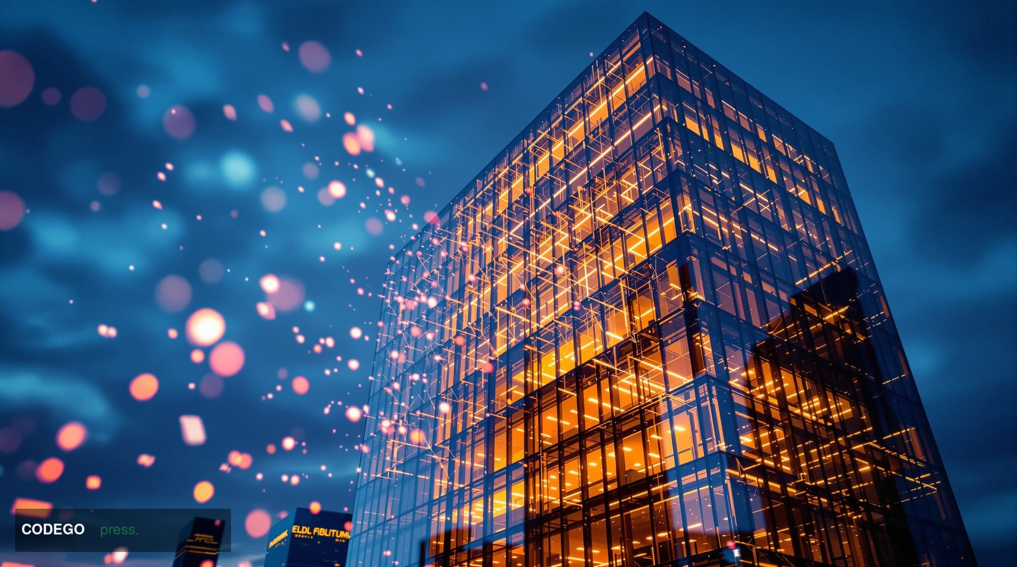 A dramatic photorealistic editorial photograph of a modern glass-facade corporate office building at dusk, representing finan