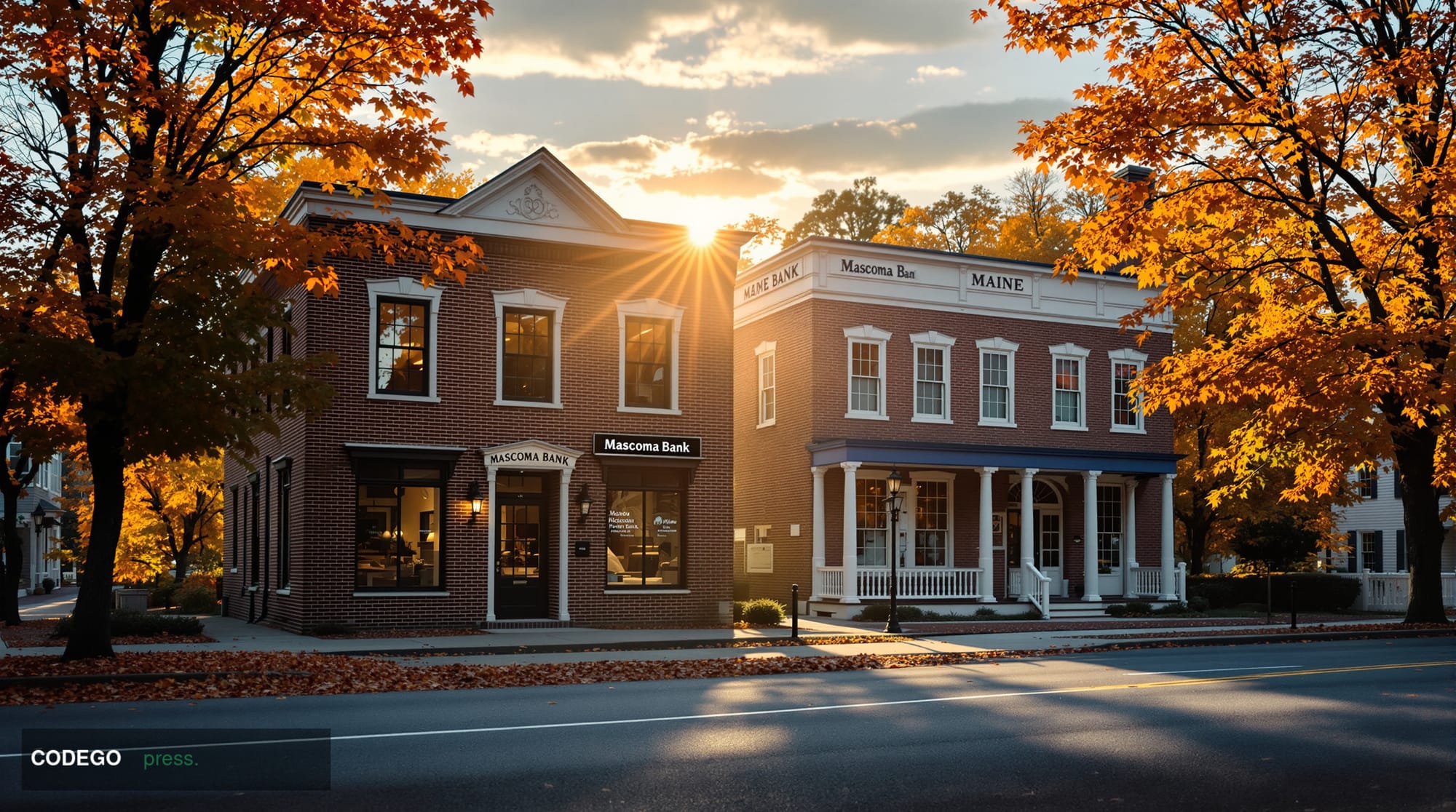 A cinematic editorial photograph capturing the essence of New England community banking consolidation, showing two distinct b