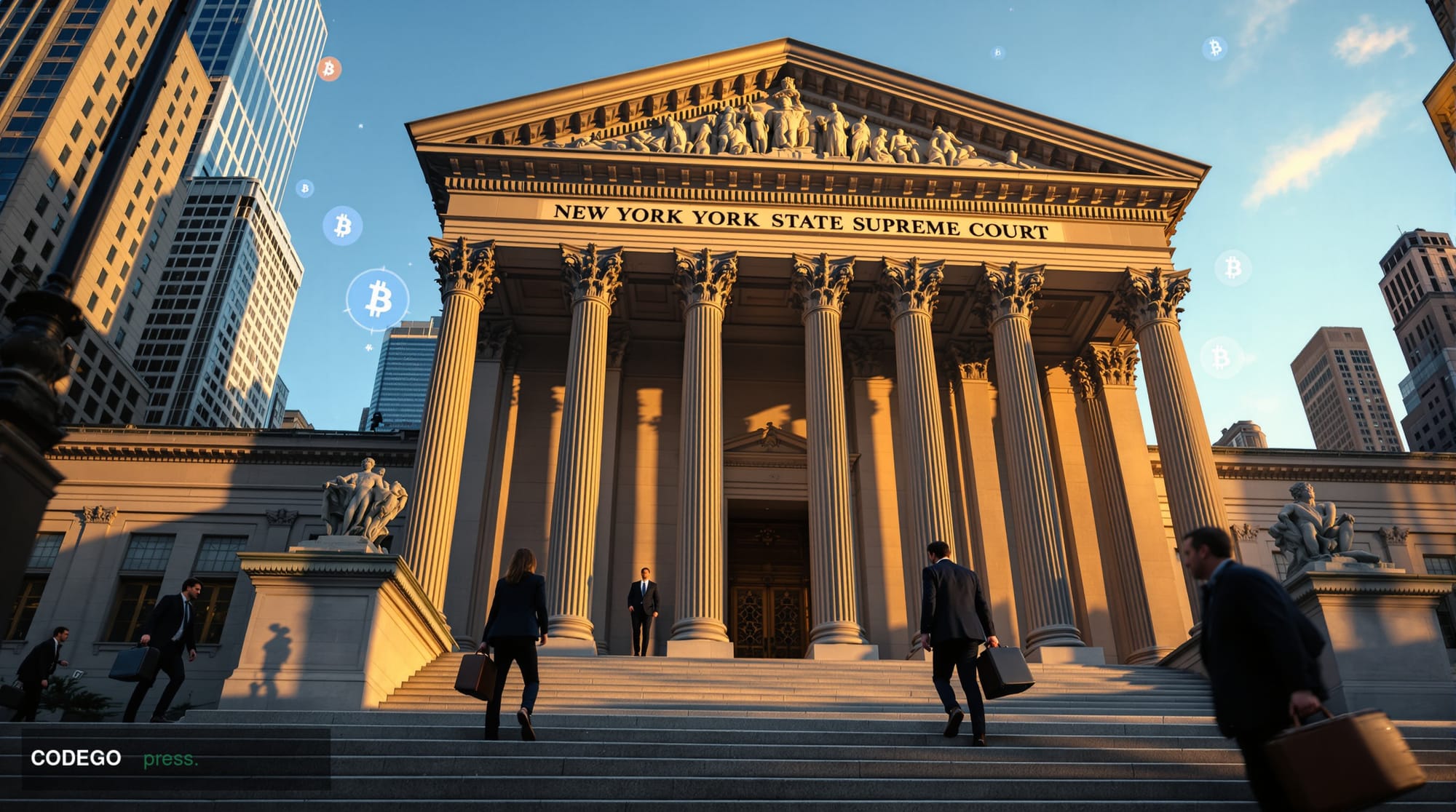 A cinematic editorial photograph showing the imposing neoclassical facade of the New York State Supreme Court building in Man