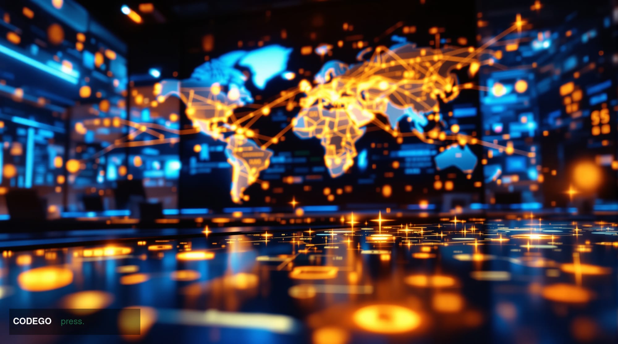 A cinematic editorial photograph showcasing the global nature of digital payment infrastructure, featuring a modern financial