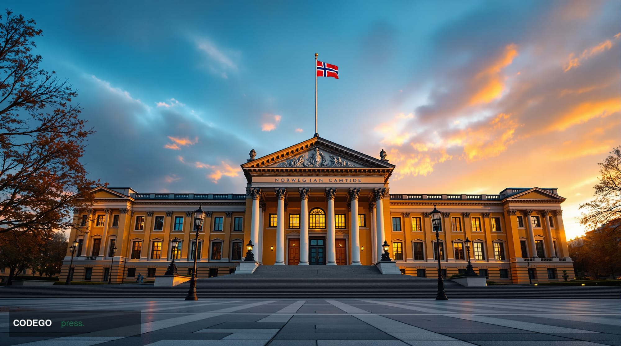 A cinematic editorial photograph of the imposing neoclassical facade of the Norwegian Parliament building (Stortinget) in Osl