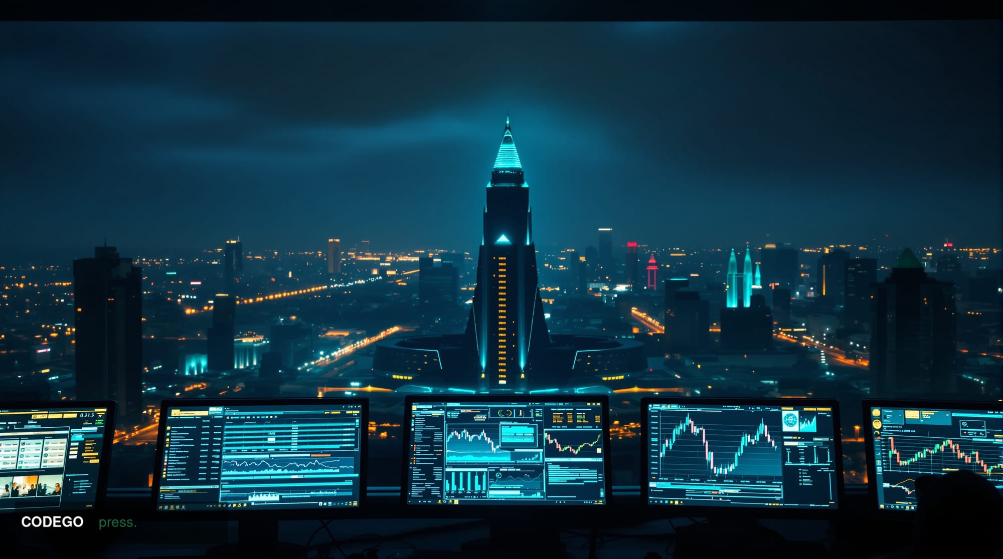 A photorealistic editorial photograph showing the Pyongyang skyline at dusk with its distinctive Ryugyong Hotel pyramid silho