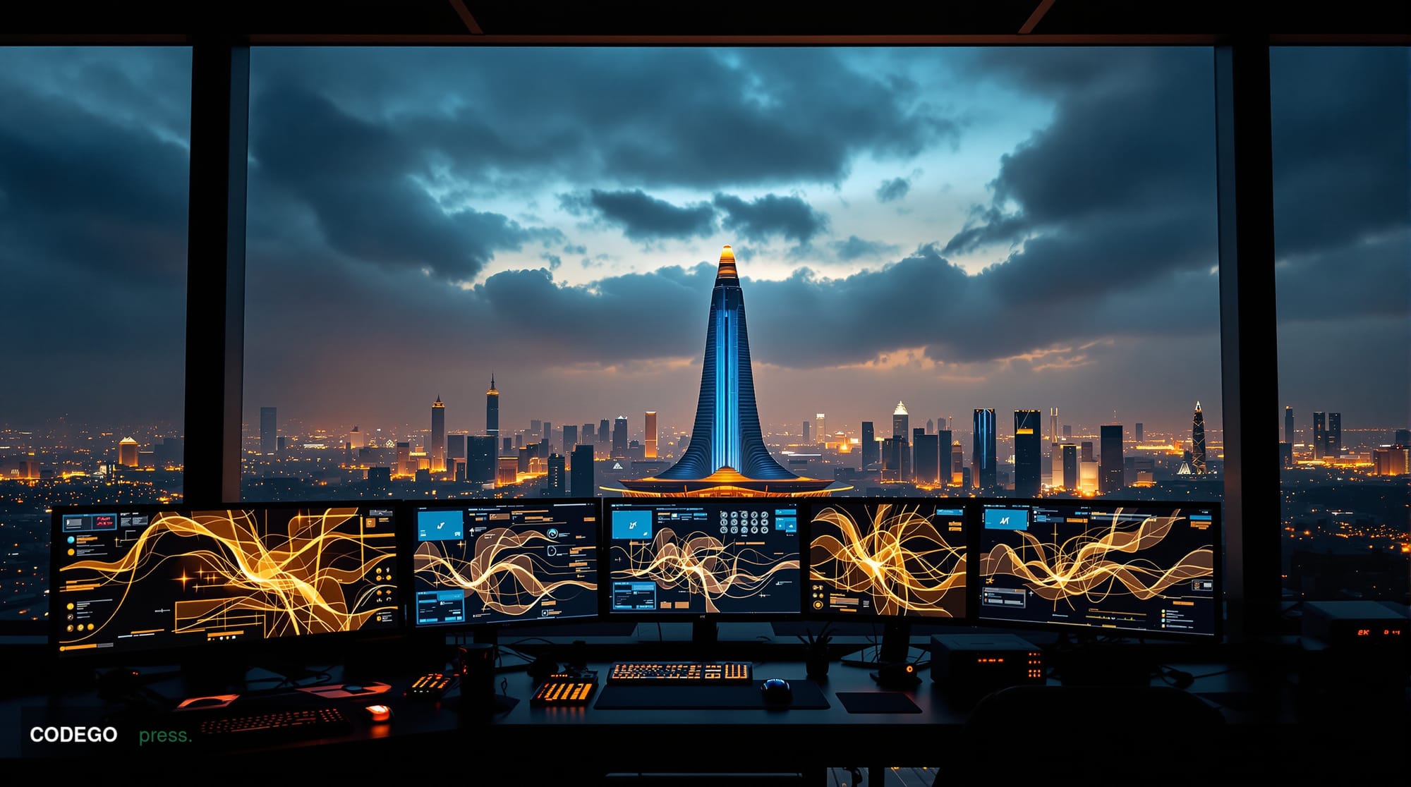 A dramatic photorealistic editorial photograph showing the Pyongyang skyline at dusk with the iconic Ryugyong Hotel pyramid s