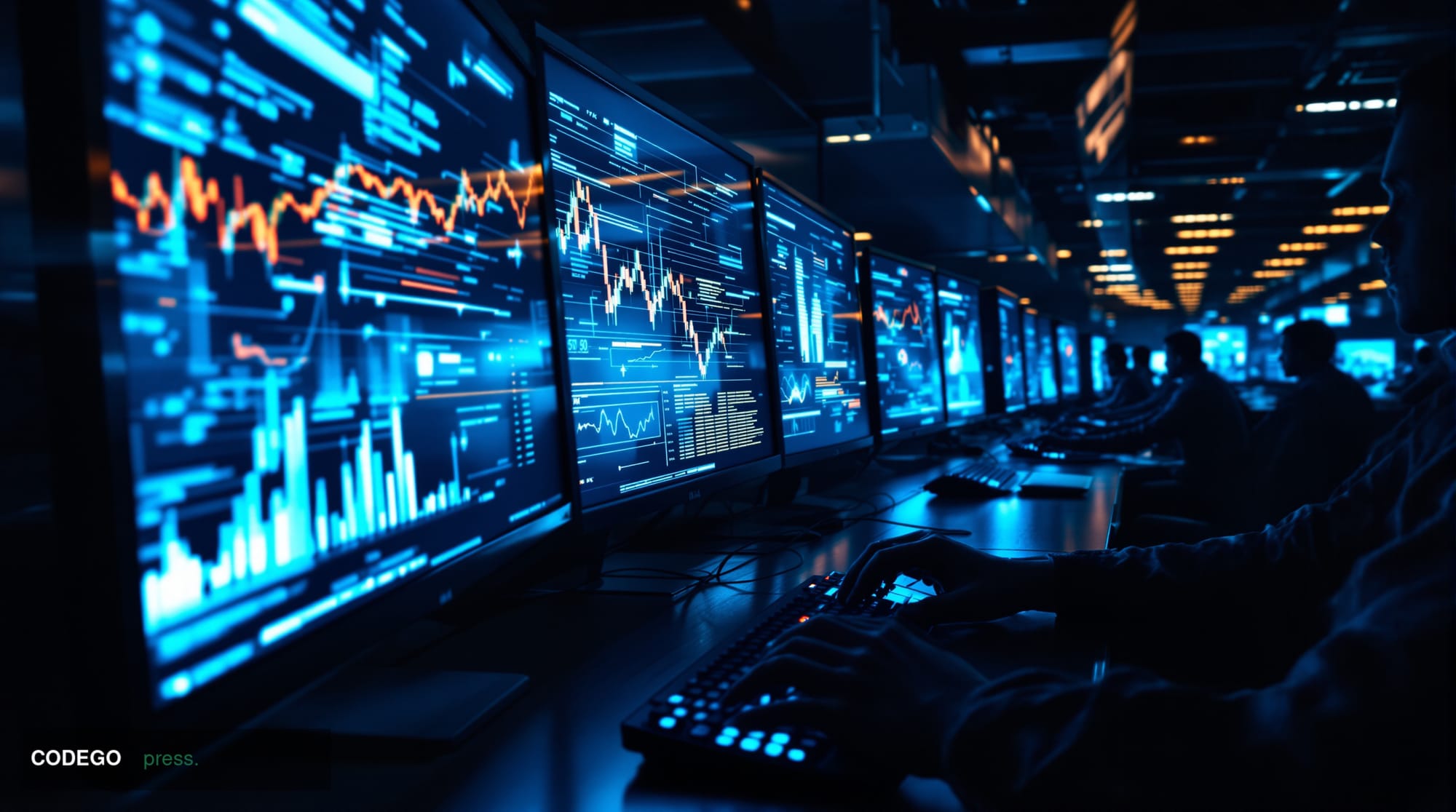 A dramatic photorealistic editorial photograph showing a darkened cyber warfare operations center with multiple computer scre