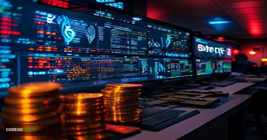 A dramatic editorial photograph showing a sleek modern cryptocurrency exchange trading floor or server room with multiple lar