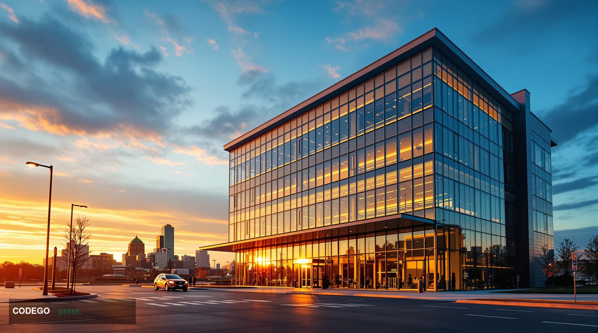 A photorealistic editorial photograph showcasing a modern regional bank headquarters building in Columbus, Ohio, captured dur