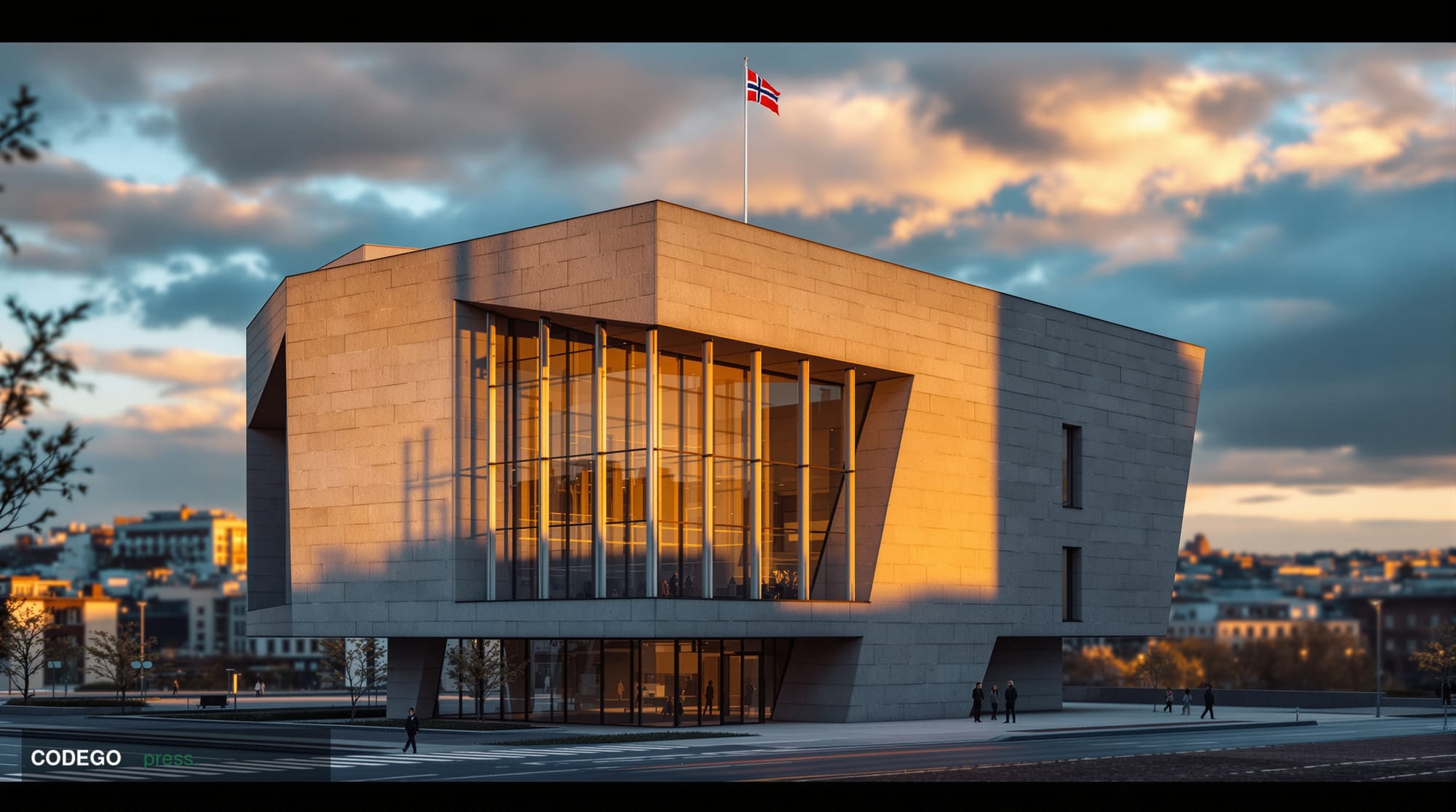 A dramatic establishing shot of the distinctive modernist architecture of Norges Bank headquarters in Oslo, Norway, captured 