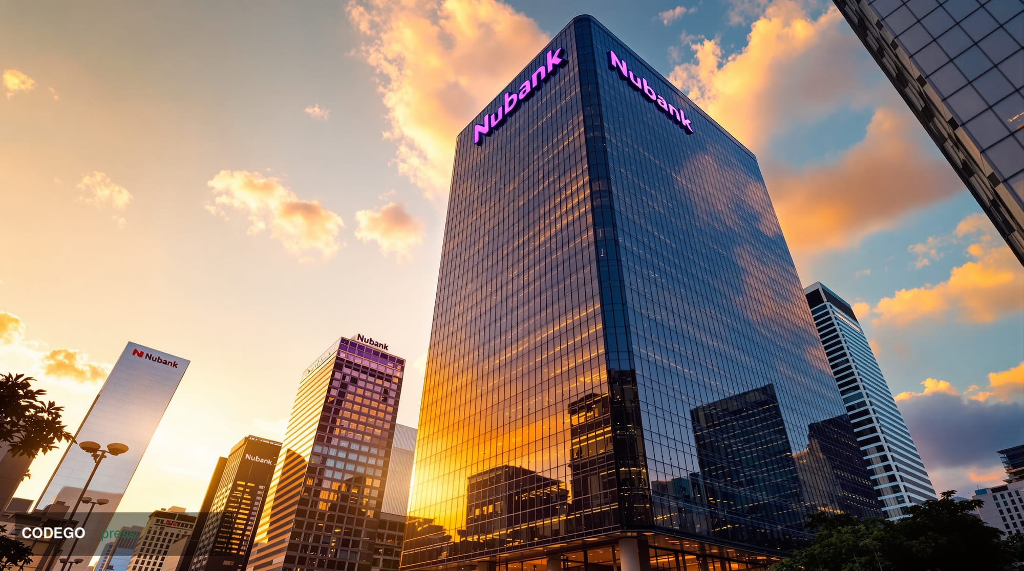 A photorealistic editorial photograph showcasing Nubank's Latin American fintech dominance through a striking wide-angle shot