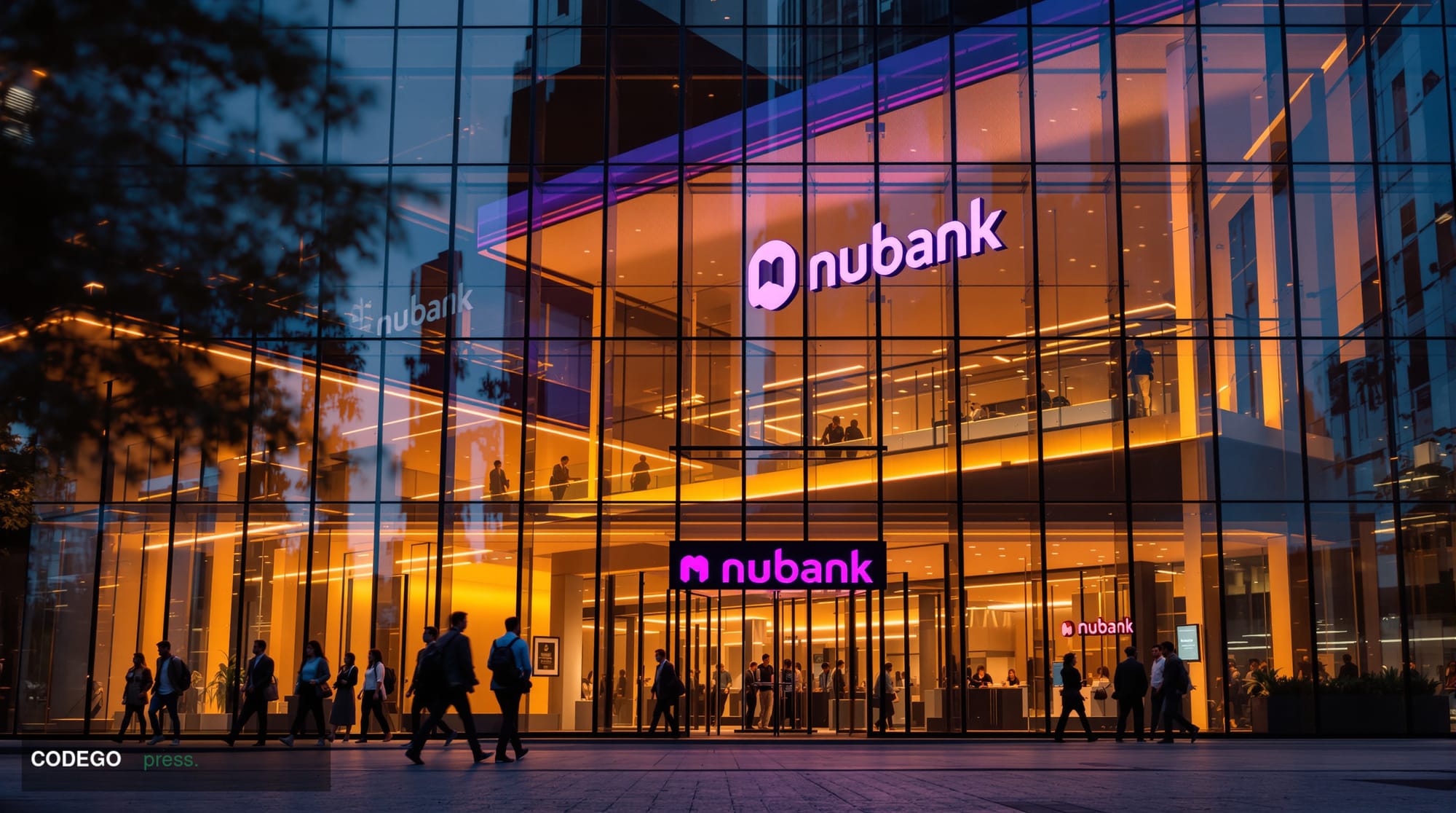 A cinematic editorial photograph capturing Nubank's São Paulo headquarters building at golden hour, with the distinctive purp