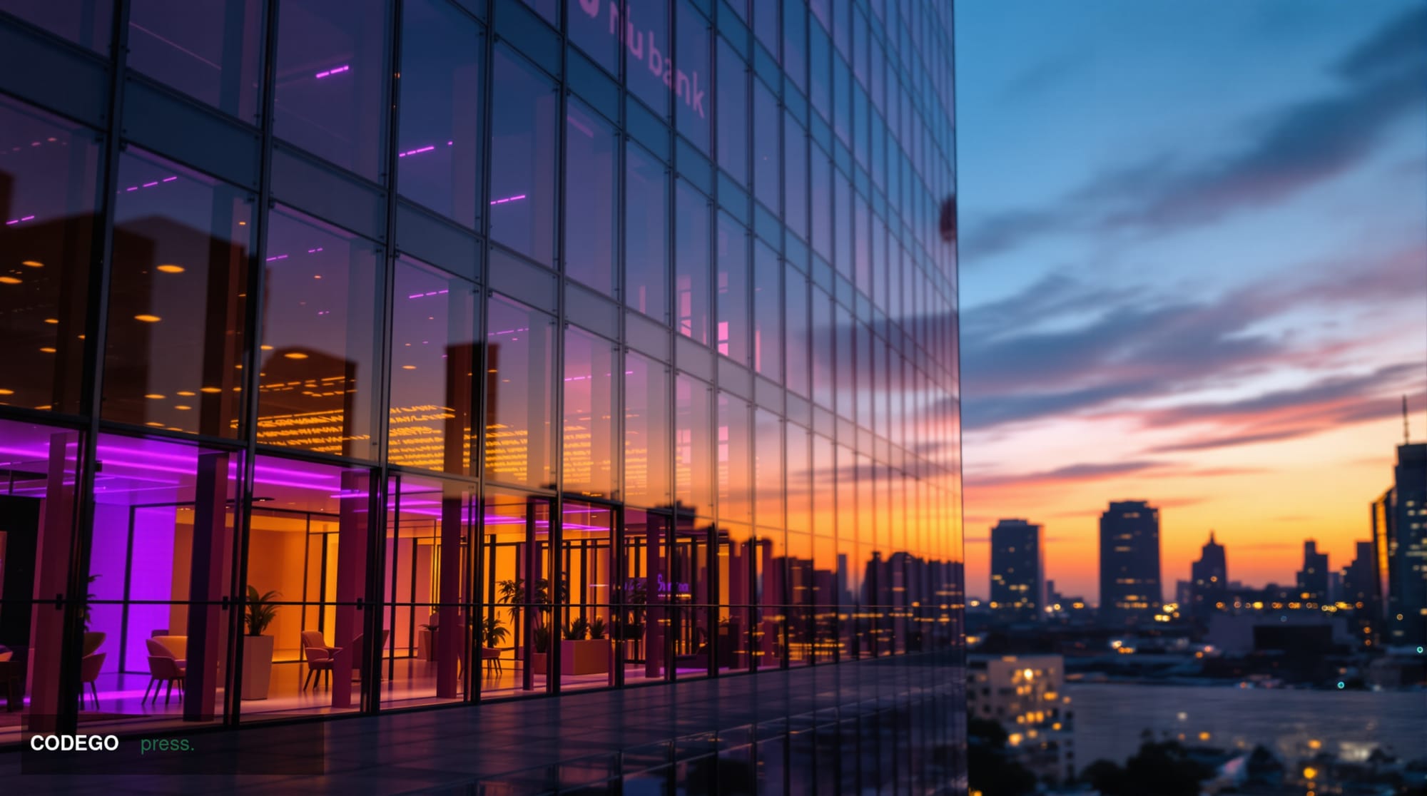 A photorealistic 8K editorial photograph showcasing Nubank's distinctive purple-branded headquarters or office building in Sã
