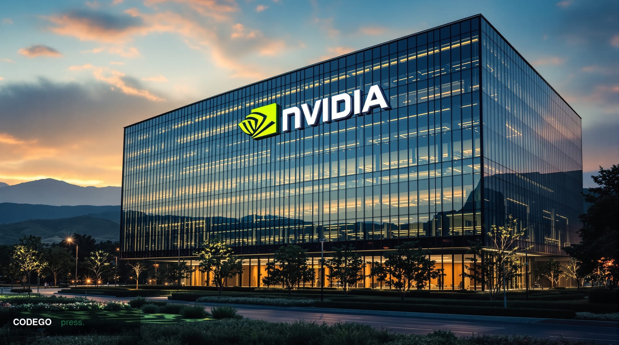 A cinematic editorial photograph capturing Nvidia's corporate headquarters in Santa Clara, California at golden hour, with th