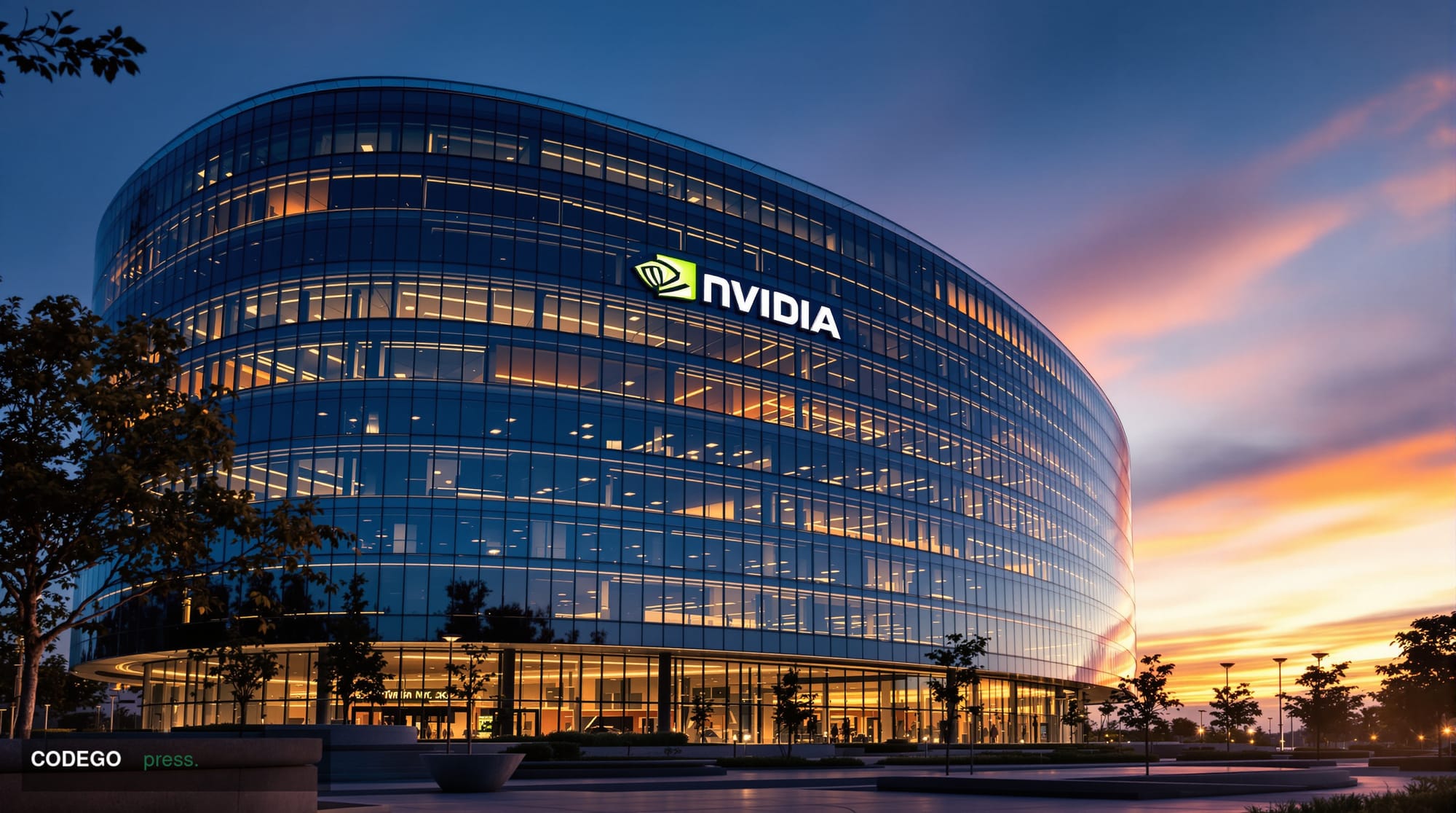 A cinematic editorial photograph of Nvidia's distinctive Santa Clara headquarters campus at golden hour, featuring the compan