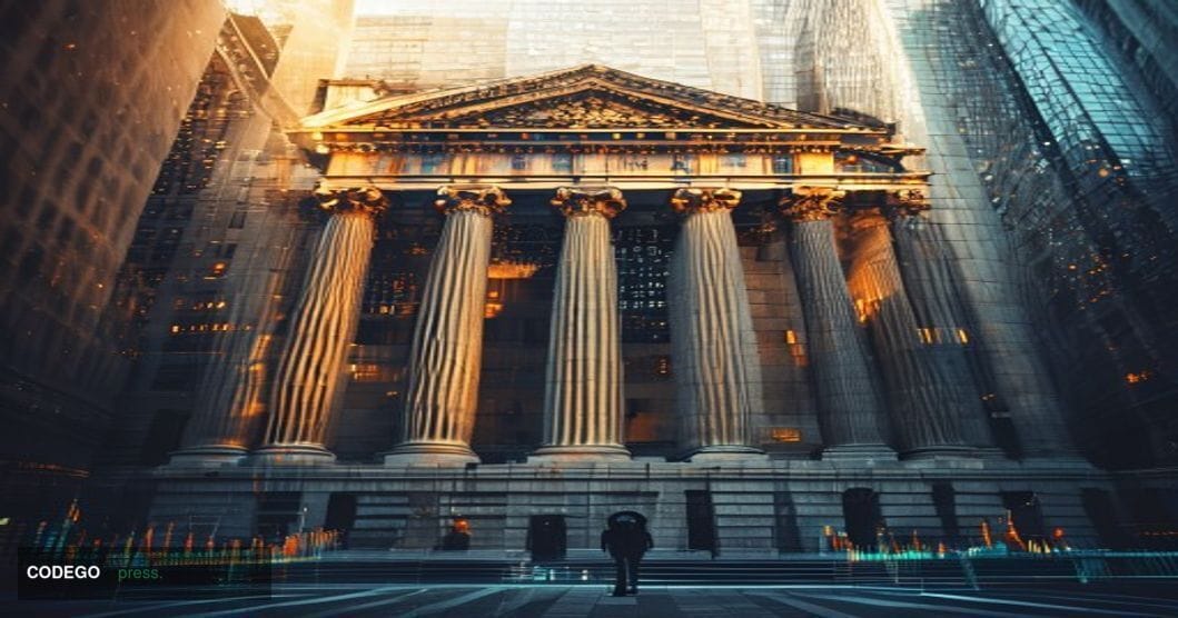 A cinematic editorial photograph of the New York Stock Exchange's iconic neoclassical facade on Wall Street, shot during gold