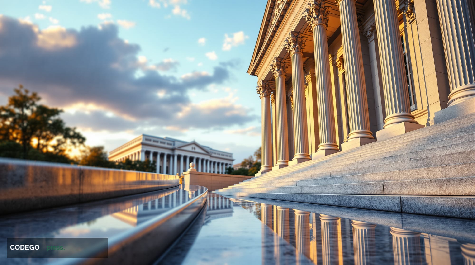 A photorealistic editorial photograph of the imposing Office of the Comptroller of the Currency headquarters building in Wash