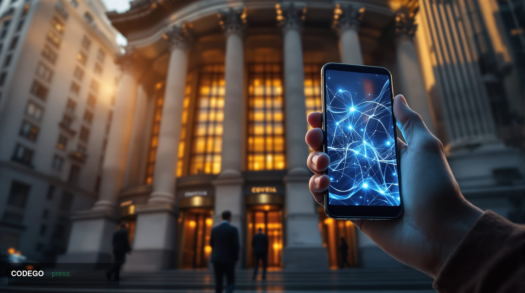A cinematic editorial photograph capturing the intersection of traditional banking and digital finance transformation. The sc