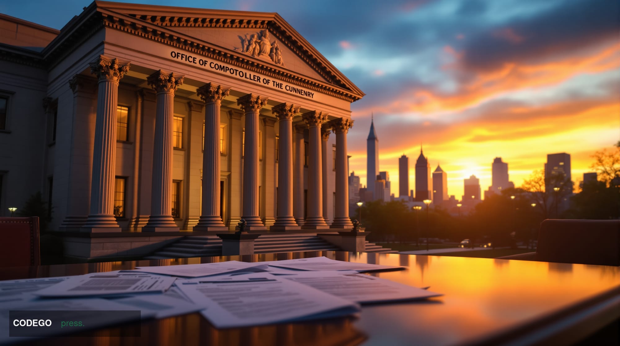 A dramatic photorealistic editorial photograph of the Office of the Comptroller of the Currency headquarters building in Wash