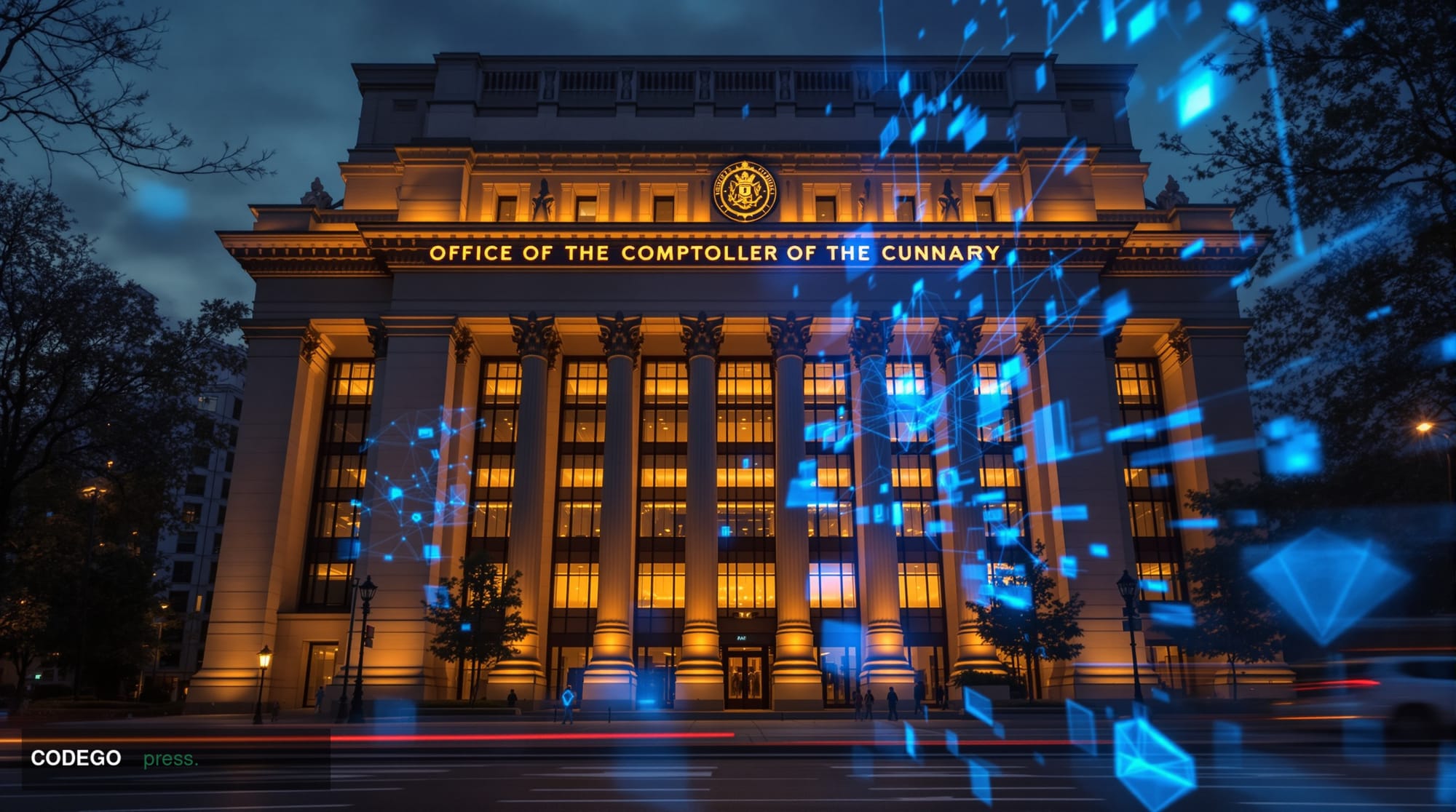 A cinematic editorial photograph of the Office of the Comptroller of the Currency headquarters building in Washington DC, cap