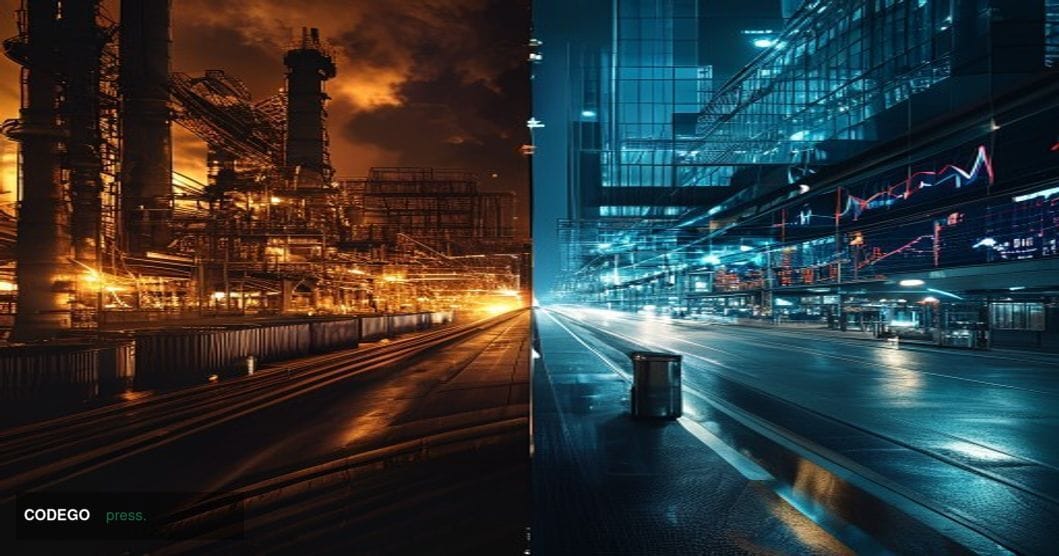 A cinematic editorial photograph showing a dramatic split-screen composition of two financial markets in tension. On the left